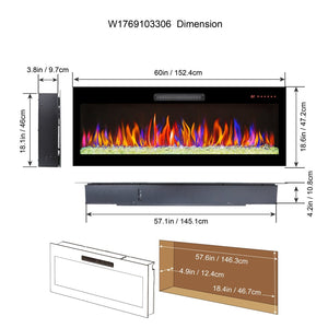 English Elm 60 Inch Wall Mounted Electric Fireplace Recessed Tempered Glass Led Flame Heater W1769103306