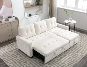 English Elm 77 77 Inch Reversible Sectional Storage Sleeper Sofa Bed with Chaise, Velvet Beige, Nail-Arm Detail, Convertible Guest Bed and Large Hidden Storage W1203P146254
