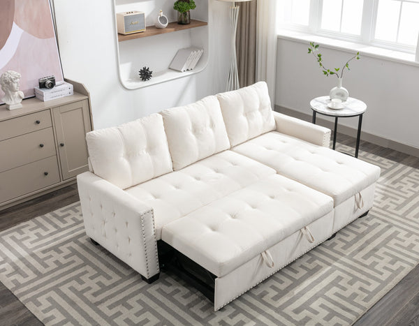 English Elm 77 77 Inch Reversible Sectional Storage Sleeper Sofa Bed with Chaise, Velvet Beige, Nail-Arm Detail, Convertible Guest Bed and Large Hidden Storage W1203P146254
