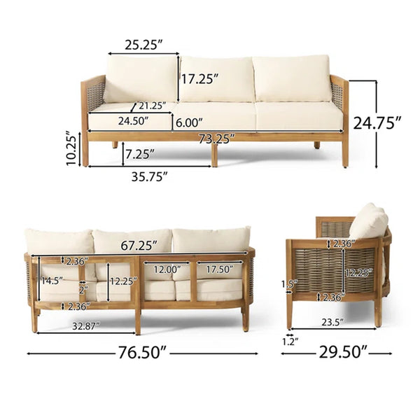 English Elm Christopher Knight Home® - 76.5'' Acacia Wood Round Wicker 3-Seater Outdoor Sofa with Teak Finish, Water-Resistant Beige Cushions 74133.00