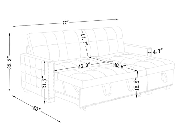 English Elm 77 77 Inch Reversible Sectional Storage Sleeper Sofa Bed with Chaise, Velvet Beige, Nail-Arm Detail, Convertible Guest Bed and Large Hidden Storage W1203P146254