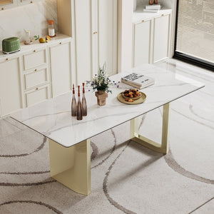 English Elm 0.47" Sintered Stone Glass Top Rectangular Dining Table with Polished Steel Base Seats Six W1311S00175