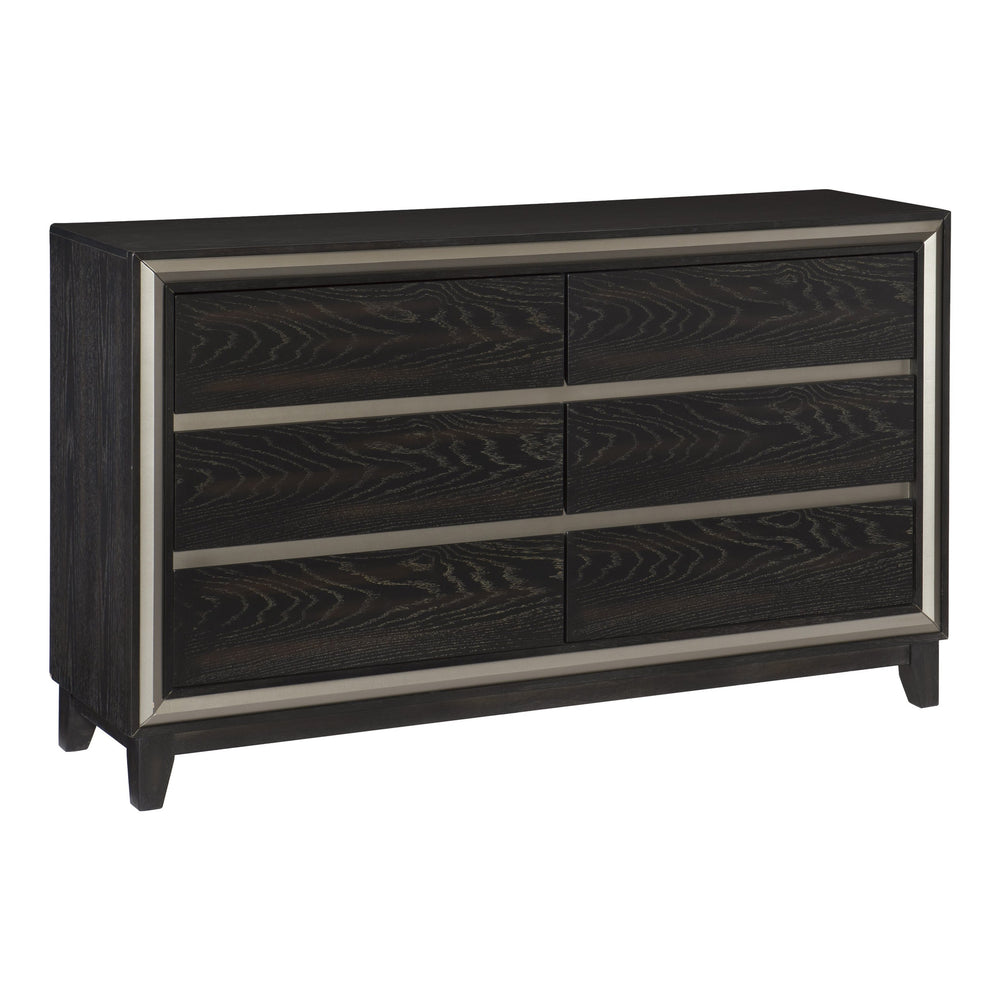 English Elm Modern Grant 6-Drawer Dresser in Ebony Oak Veneer with Silver Banding, Hidden Pulls, 60" x 35.5" B011P170939