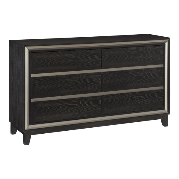 English Elm Modern Grant 6-Drawer Dresser in Ebony Oak Veneer with Silver Banding, Hidden Pulls, 60" x 35.5" B011P170939