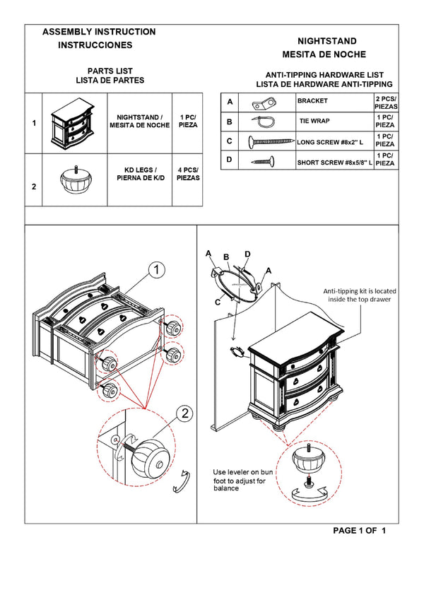 English Elm 1Pc Traditional Style End Table 3-Drawer Nightstand with Marble Top, Ornate Veneer and Circlet Hardware Brown 39 L x 23 W x 36 H B011P143964