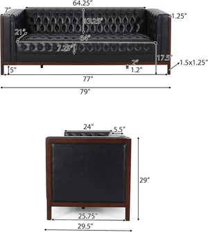 English Elm 3 Seater Mid-century Modern Sofa with Button Tufted Diamond Stitching and Rubberwood Frame 72144.00A_72144.00B