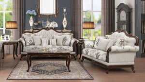 English Elm Gloria Royal Traditional 2PC Living Room Set with Intricate Floral Upholstery and Button Tufting White B009S01064