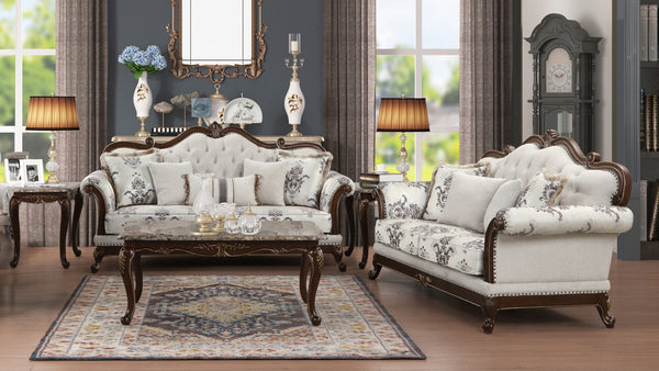English Elm Gloria Royal Traditional 2PC Living Room Set with Intricate Floral Upholstery and Button Tufting White B009S01064