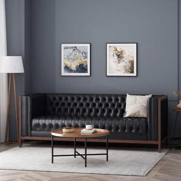 English Elm 3 Seater Mid-century Modern Sofa with Button Tufted Diamond Stitching and Rubberwood Frame 72144.00A_72144.00B