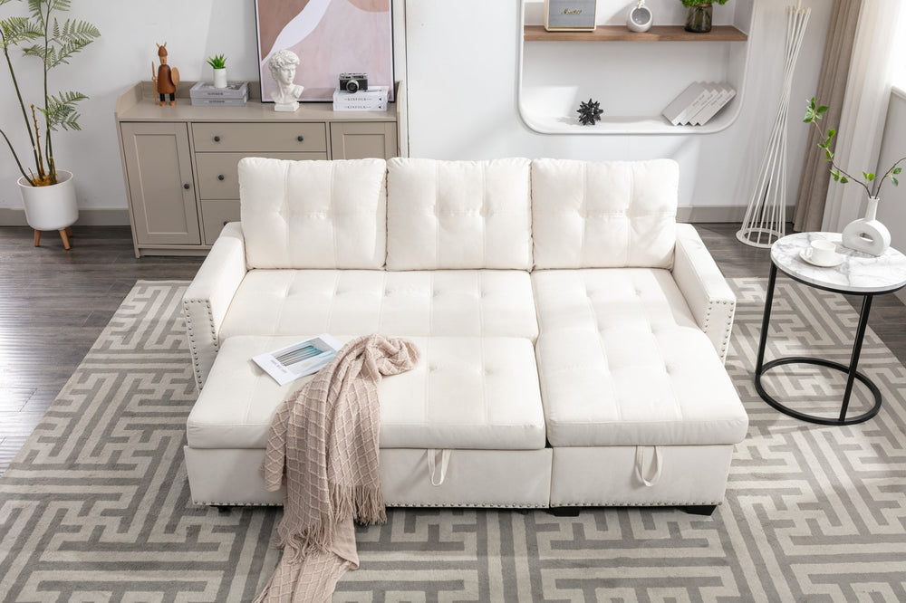English Elm 77 77 Inch Reversible Sectional Storage Sleeper Sofa Bed with Chaise, Velvet Beige, Nail-Arm Detail, Convertible Guest Bed and Large Hidden Storage W1203P146254