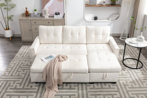 English Elm 77 77 Inch Reversible Sectional Storage Sleeper Sofa Bed with Chaise, Velvet Beige, Nail-Arm Detail, Convertible Guest Bed and Large Hidden Storage W1203P146254