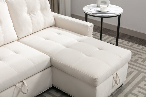 English Elm 77 77 Inch Reversible Sectional Storage Sleeper Sofa Bed with Chaise, Velvet Beige, Nail-Arm Detail, Convertible Guest Bed and Large Hidden Storage W1203P146254