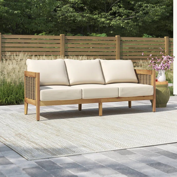 English Elm Christopher Knight Home® - 76.5'' Acacia Wood Round Wicker 3-Seater Outdoor Sofa with Teak Finish, Water-Resistant Beige Cushions 74133.00