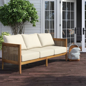 English Elm Christopher Knight Home® - 76.5'' Acacia Wood Round Wicker 3-Seater Outdoor Sofa with Teak Finish, Water-Resistant Beige Cushions 74133.00