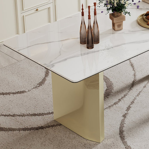 English Elm 0.47" Sintered Stone Glass Top Rectangular Dining Table with Polished Steel Base Seats Six W1311S00175