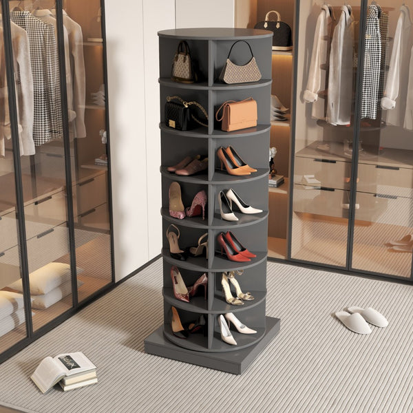 English Elm New Rotating Gray Shoe Tower with 7 Tiers Holds 28 Pairs for Entryway Storage W1320P156771