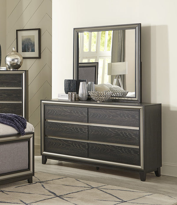 English Elm Modern Grant 6-Drawer Dresser in Ebony Oak Veneer with Silver Banding, Hidden Pulls, 60" x 35.5" B011P170939