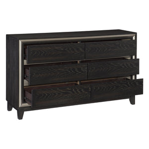 English Elm Modern Grant 6-Drawer Dresser in Ebony Oak Veneer with Silver Banding, Hidden Pulls, 60" x 35.5" B011P170939