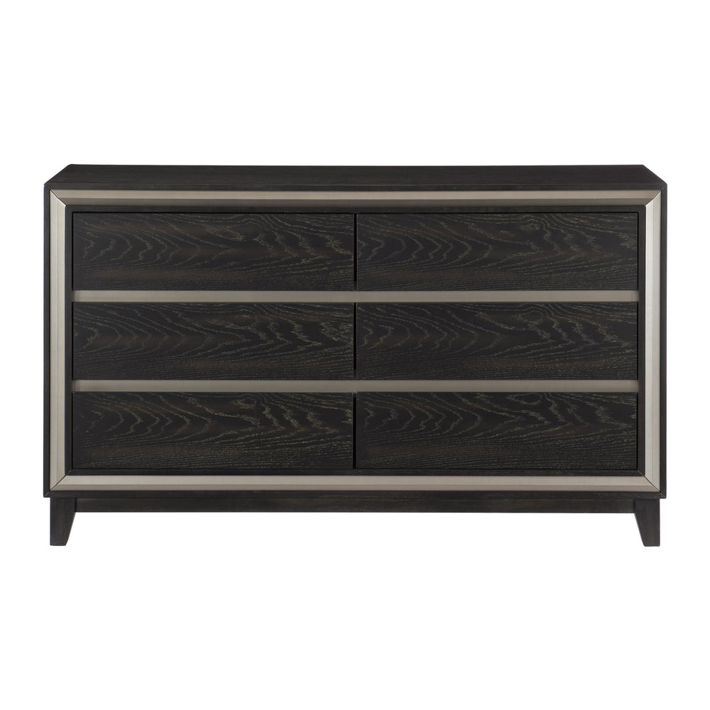 English Elm Modern Grant 6-Drawer Dresser in Ebony Oak Veneer with Silver Banding, Hidden Pulls, 60" x 35.5" B011P170939