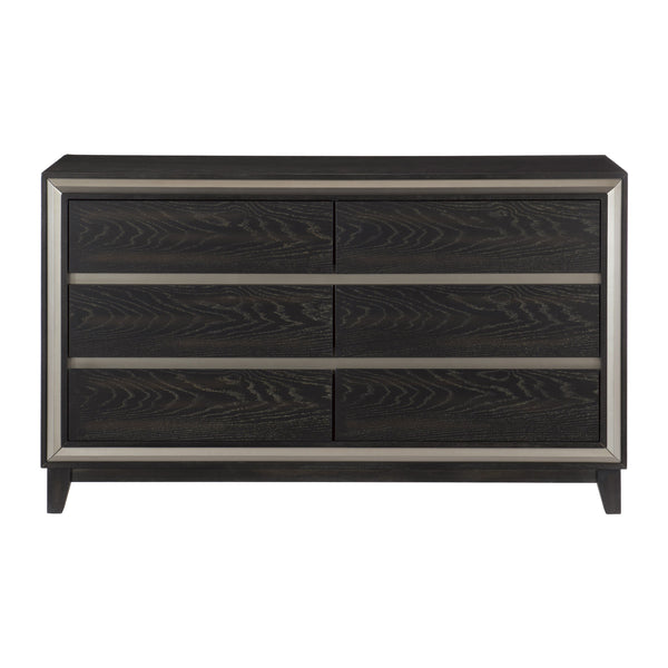 English Elm Modern Grant 6-Drawer Dresser in Ebony Oak Veneer with Silver Banding, Hidden Pulls, 60" x 35.5" B011P170939