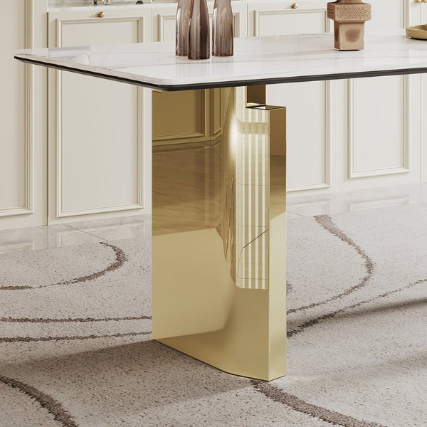 English Elm 0.47" Sintered Stone Glass Top Rectangular Dining Table with Polished Steel Base Seats Six W1311S00175
