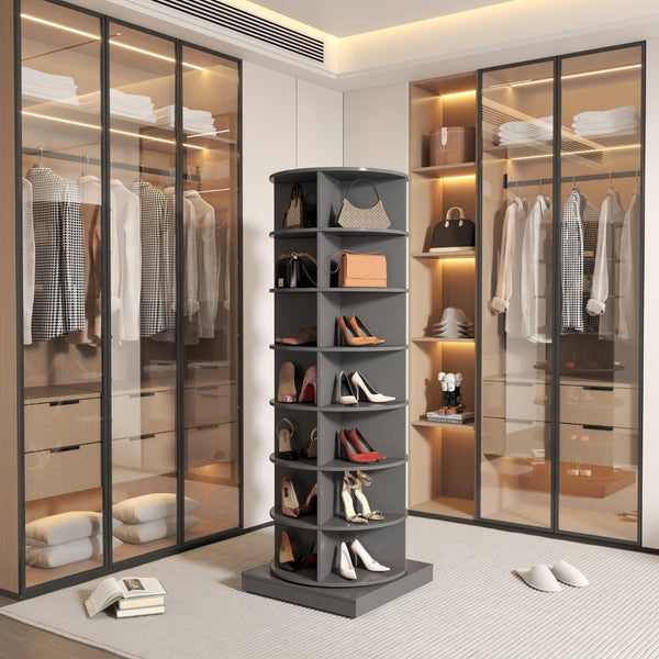English Elm New Rotating Gray Shoe Tower with 7 Tiers Holds 28 Pairs for Entryway Storage W1320P156771