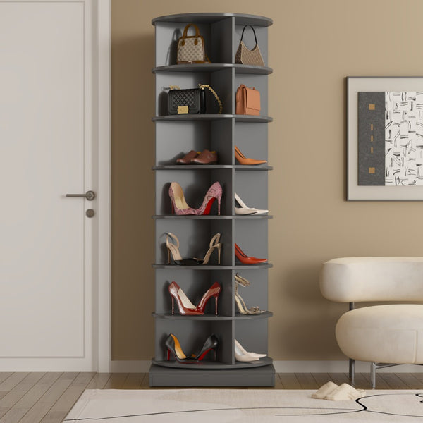 English Elm New Rotating Gray Shoe Tower with 7 Tiers Holds 28 Pairs for Entryway Storage W1320P156771