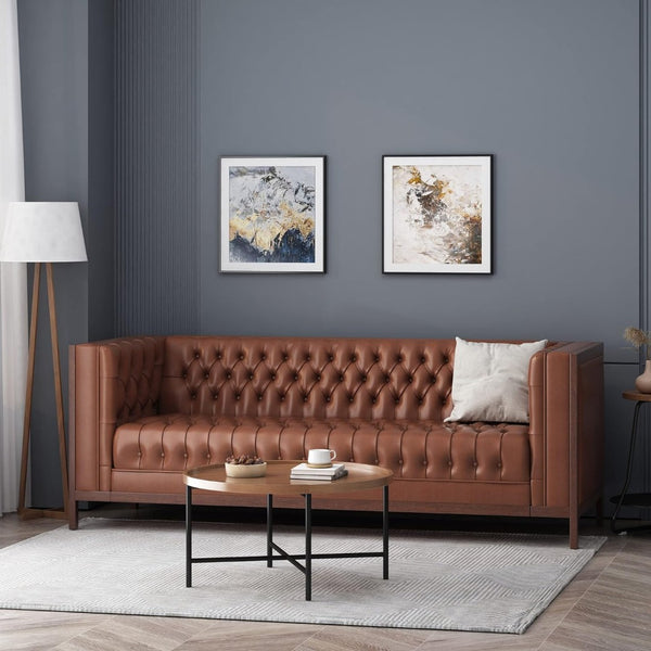 English Elm 3 Seater Mid-century Modern Sofa with Button Tufted Diamond Stitching and Rubberwood Frame 72144.00ACOGN_72144.00BCOGN