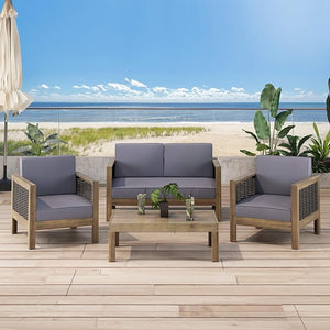 English Elm Christopher Knight Home® - Outdoor 4-Piece Acacia Wood Chat Set With Wicker Accents & Cushions – Perfect For Stylish Gatherings 68942.00DGRY-2_70141.00DGRY