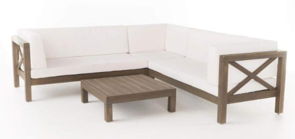 English Elm Brava Acacia Wood Outdoor Modular Sofa Set Mid-century Slatted Cross-back Patio Seating 57967-8-64489WHI-64496GRY