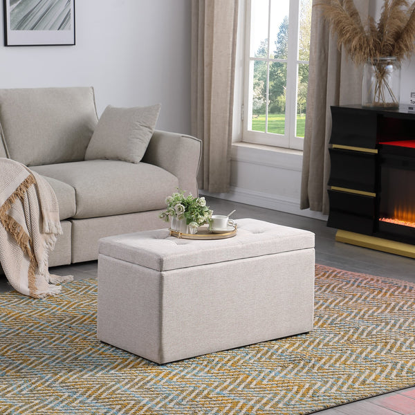 English Elm Ottoman Tufted Storage Bench with Linen Upholstery and Safety Hinges — Versatile Bedroom Living Room Accent Beige W1420P154575