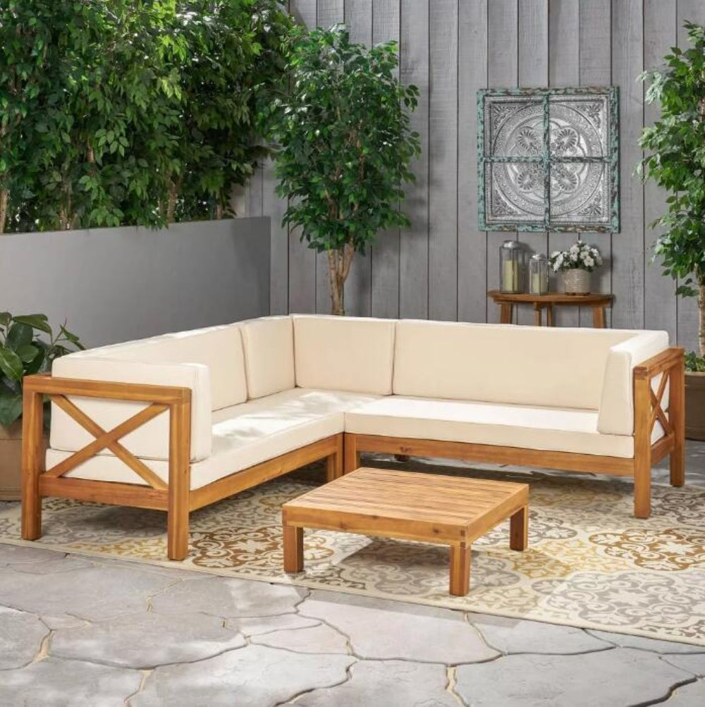 English Elm Brava Acacia Hardwood Outdoor Sectional Set with Cross-back Design and Weather-resistant Frame 57967-8BEI-64489BGE-64496.00