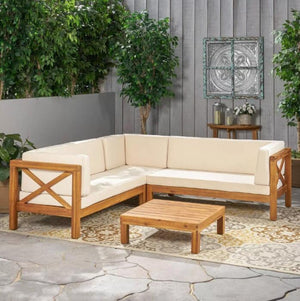 English Elm Brava Acacia Hardwood Outdoor Sectional Set with Cross-back Design and Weather-resistant Frame 57967-8BEI-64489BGE-64496.00
