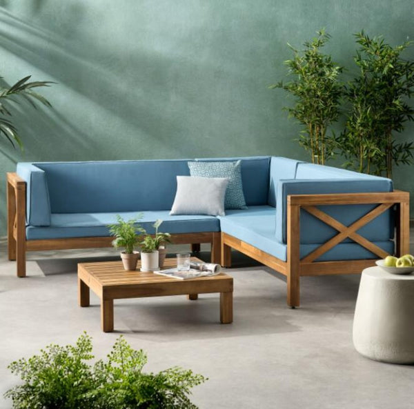 English Elm Brava Acacia Wood Outdoor Modular Sofa Set Mid-century Slatted Cross-back Patio Seating Blue 57967-8-64489BLU-64496.00