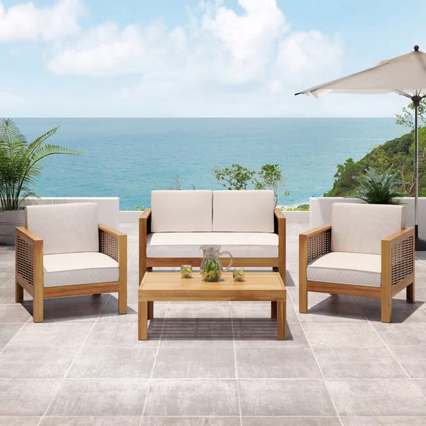 English Elm Christopher Knight Home® - Outdoor 4-Piece Acacia Wood Chat Set With Wicker Accents, Water-Resistant Cushions & Teak Finish 68942.00BGE-2_70141.00BGE