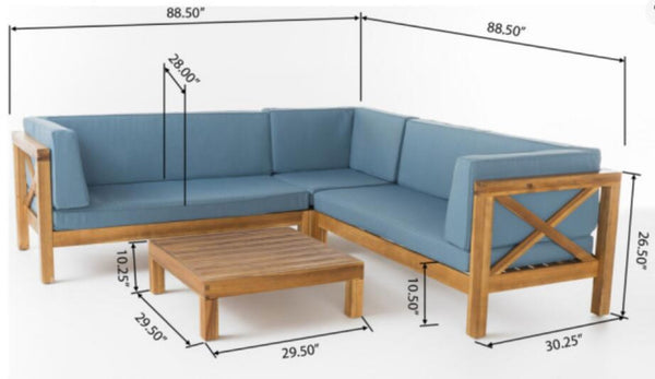 English Elm Brava Acacia Wood Outdoor Modular Sofa Set Mid-century Slatted Cross-back Patio Seating Blue 57967-8-64489BLU-64496.00