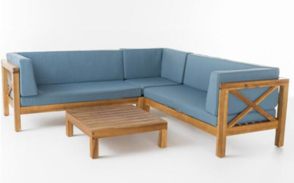English Elm Brava Acacia Wood Outdoor Modular Sofa Set Mid-century Slatted Cross-back Patio Seating Blue 57967-8-64489BLU-64496.00