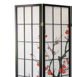 English Elm Black Japanese 4-Panel Screen Room Divider, Plum Blossom