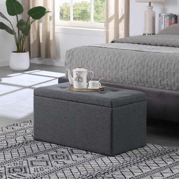 English Elm Ottoman Tufted Storage Bench with Linen Upholstery and Safety Hinges — Versatile Bedroom Living Room Accent Gray W1420P154574