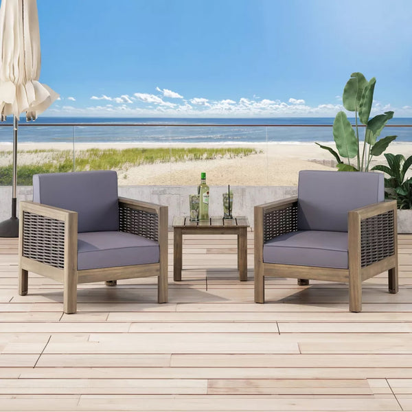 English Elm Christopher Knight Home® - Set of 2 Acacia Wood Outdoor Club Chairs with Wicker Accents, Water-Resistant Cushions, Durable Finish Gray 68942.00DGRY-2