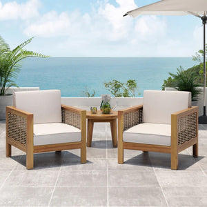 English Elm Christopher Knight Home® - Set of 2 Acacia Wood Outdoor Club Chairs with Wicker Accents, Water-Resistant Cushions, Durable Finish Brown+Beige 68942.00BGE-2