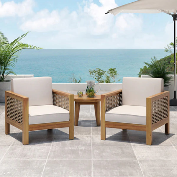English Elm Christopher Knight Home® - Set of 2 Acacia Wood Outdoor Club Chairs with Wicker Accents, Water-Resistant Cushions, Durable Finish Brown+Beige 68942.00BGE-2