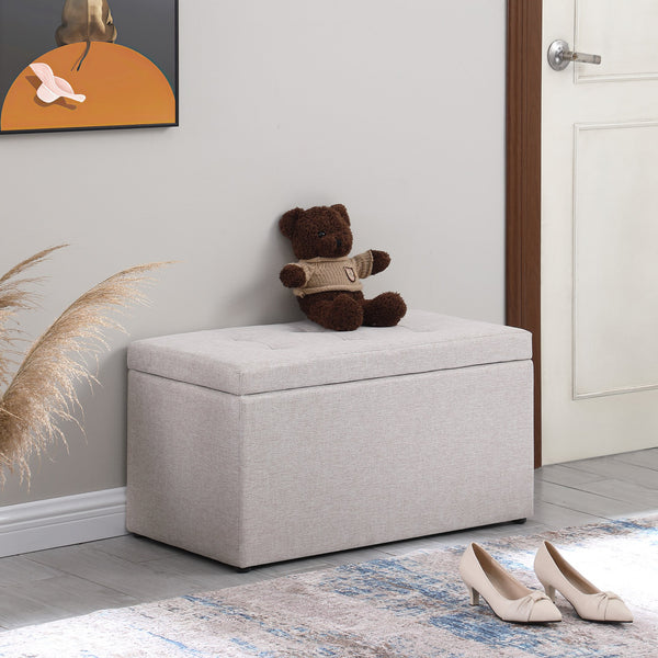 English Elm Ottoman Tufted Storage Bench with Linen Upholstery and Safety Hinges — Versatile Bedroom Living Room Accent Beige W1420P154575