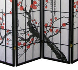 English Elm Black Japanese 4-Panel Screen Room Divider, Plum Blossom