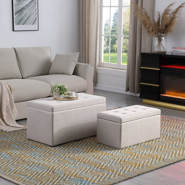 English Elm Ottoman Tufted Storage Bench with Linen Upholstery and Safety Hinges — Versatile Bedroom Living Room Accent Beige W1420P154575