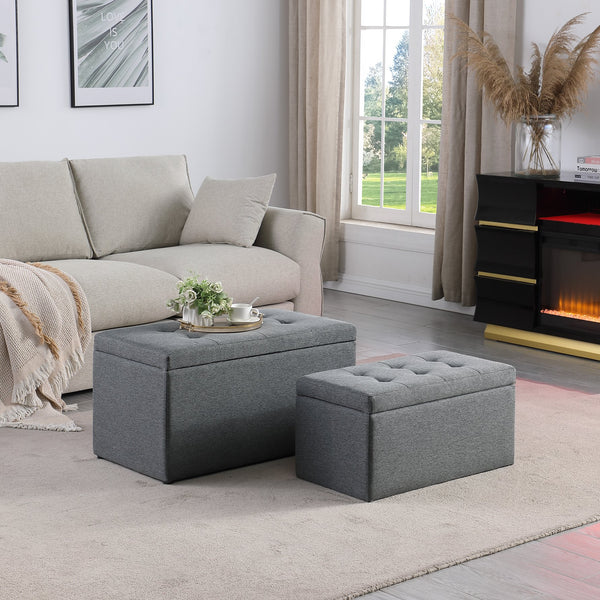 English Elm Ottoman Tufted Storage Bench with Linen Upholstery and Safety Hinges — Versatile Bedroom Living Room Accent Gray W1420P154574