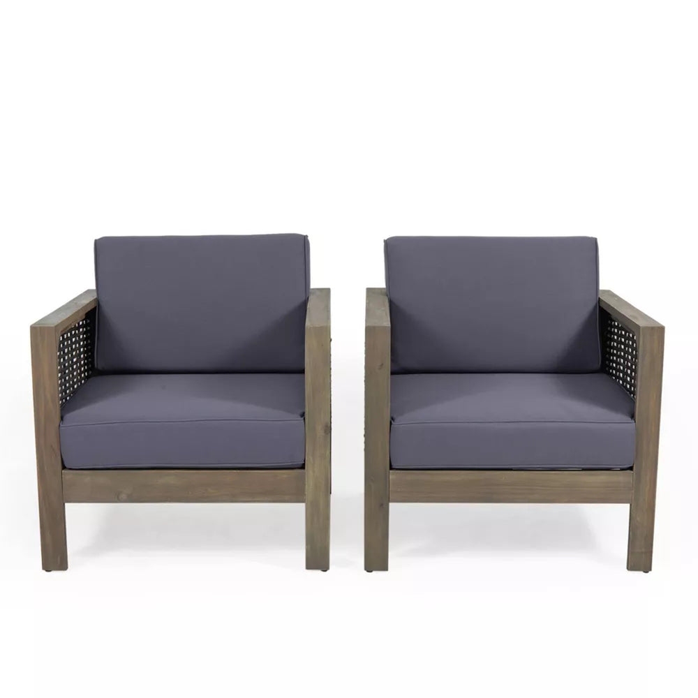 English Elm Christopher Knight Home® - Set of 2 Acacia Wood Outdoor Club Chairs with Wicker Accents, Water-Resistant Cushions, Durable Finish Gray 68942.00DGRY-2