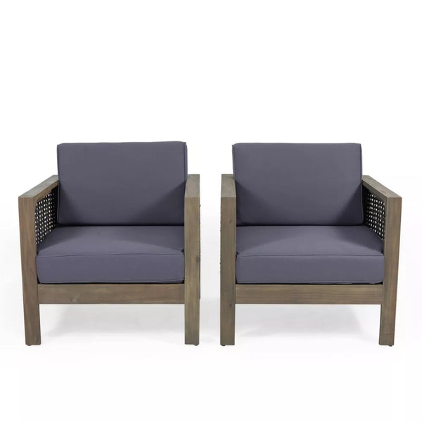 English Elm Christopher Knight Home® - Set of 2 Acacia Wood Outdoor Club Chairs with Wicker Accents, Water-Resistant Cushions, Durable Finish Gray 68942.00DGRY-2