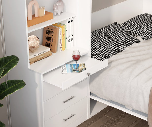 English Elm Morden Design Full Size Murphy Bed with Storage Drawers and Shelving White Cabinet Wall Bed W650S00002