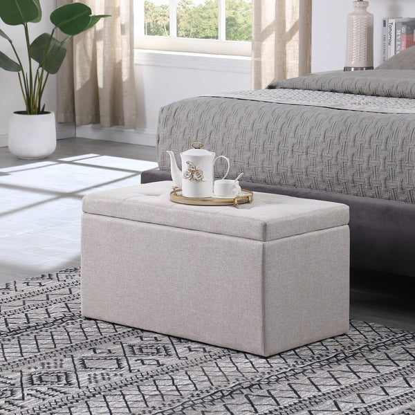 English Elm Ottoman Tufted Storage Bench with Linen Upholstery and Safety Hinges — Versatile Bedroom Living Room Accent Beige W1420P154575